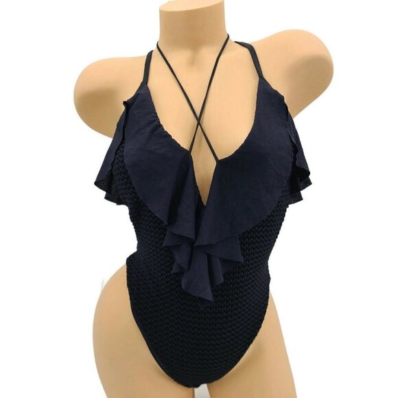 New Blue Life Ruffled Romance Swimsuit Small Black - Picture 8 of 9